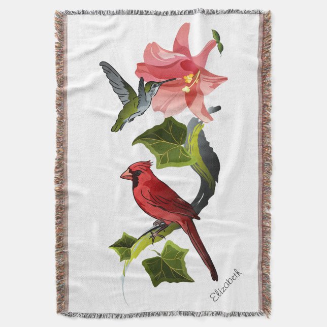 Cardinal and Hummingbird with Pink Lily and Ivy Throw Blanket (Front Vertical)