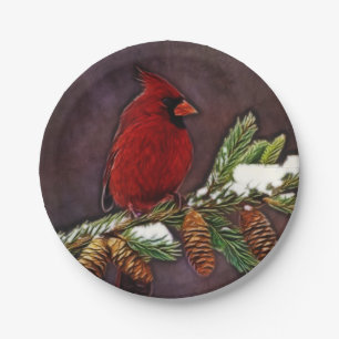 Cardinal and Pinecones Paper Plate