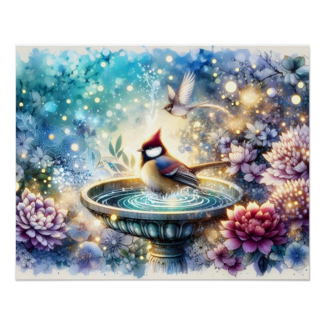 Cardinal at Birdbath Dreamy Garden Ar Poster (Front)