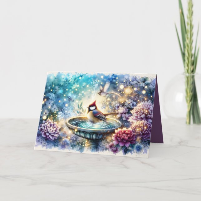 Cardinal at Birdbath Dreamy Garden Card (Front)