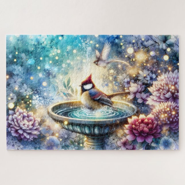 Cardinal at Birdbath Dreamy Garden Jigsaw Puzzle (Horizontal)