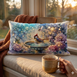 Cardinal at Birdbath Dreamy Garden Lumbar Cushion