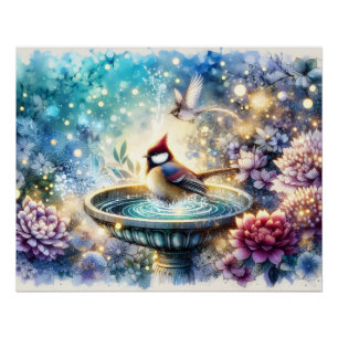 Cardinal at Birdbath Dreamy Garden Poster