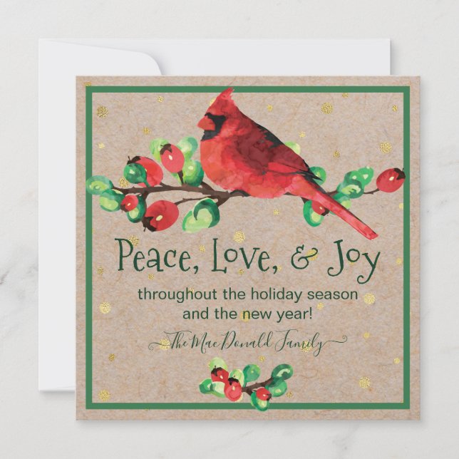 Cardinal Bird & Berries Winter Holiday Flat Card (Front)