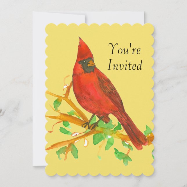 Cardinal Bird Birthday Party Invitation Yellow (Front)