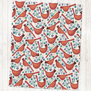 Cardinal Bird Blue Violet Flower Block Print Fleece Blanket