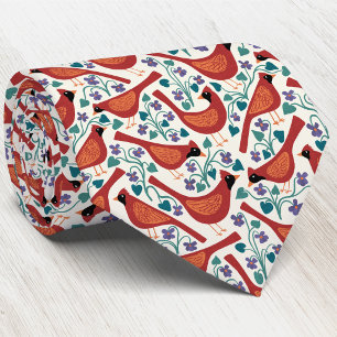 Cardinal Bird Blue Violet Flower Block Print Tie