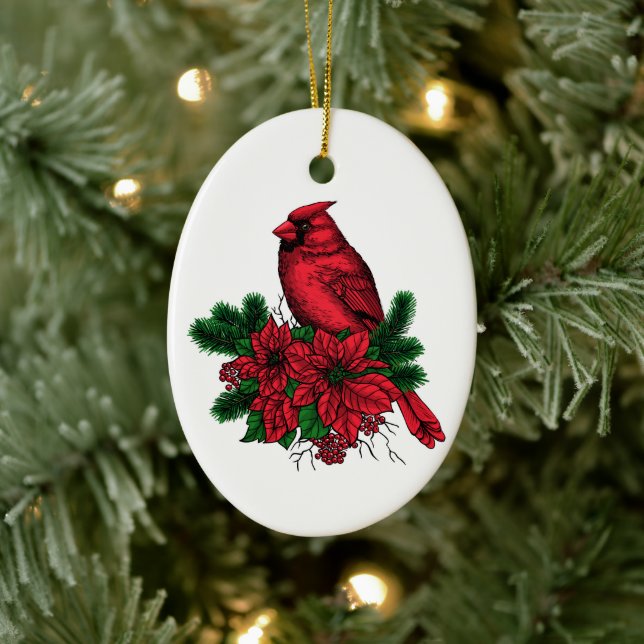Cardinal bird, Christmas illustration Ceramic Tree Decoration (Tree)
