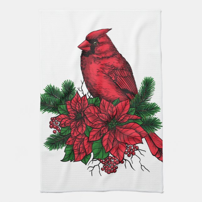 Cardinal bird, Christmas illustration Tea Towel (Vertical)