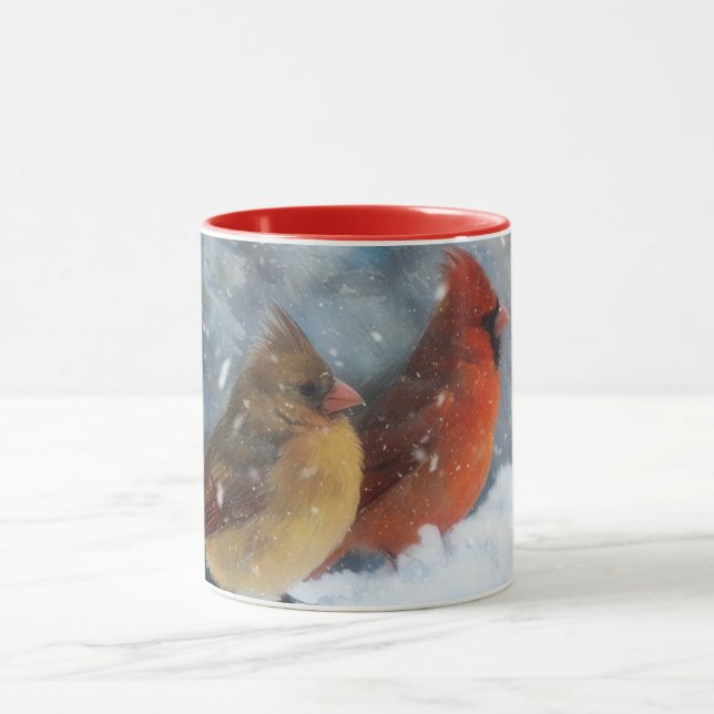 Cardinal Bird Couple on a Fence Snowing Mug Cup (Center)