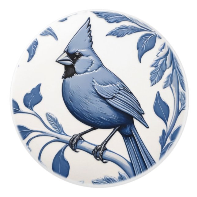 Cardinal Bird Delft Blue and White Botanical Ceramic Knob (Front)