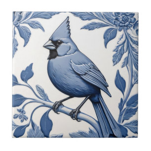 Cardinal Bird Delft Blue and White Botanical Tile