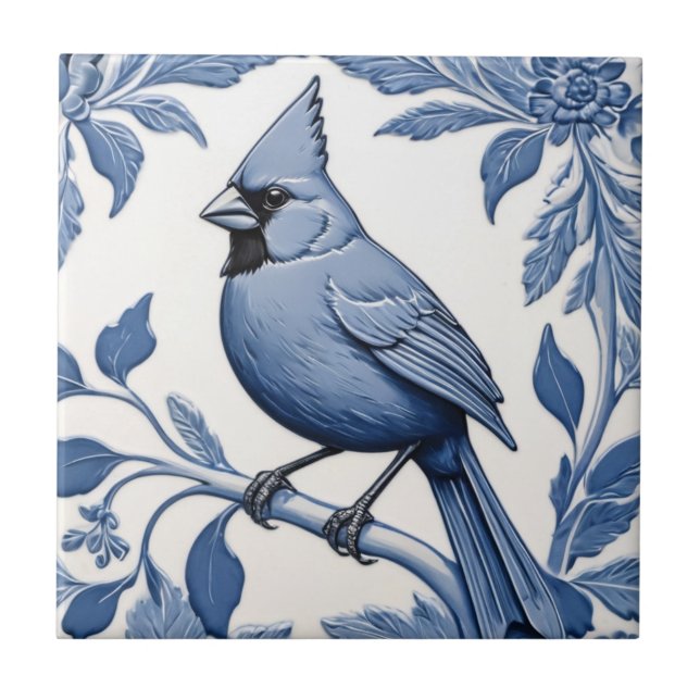 Cardinal Bird Delft Blue and White Botanical Tile (Front)
