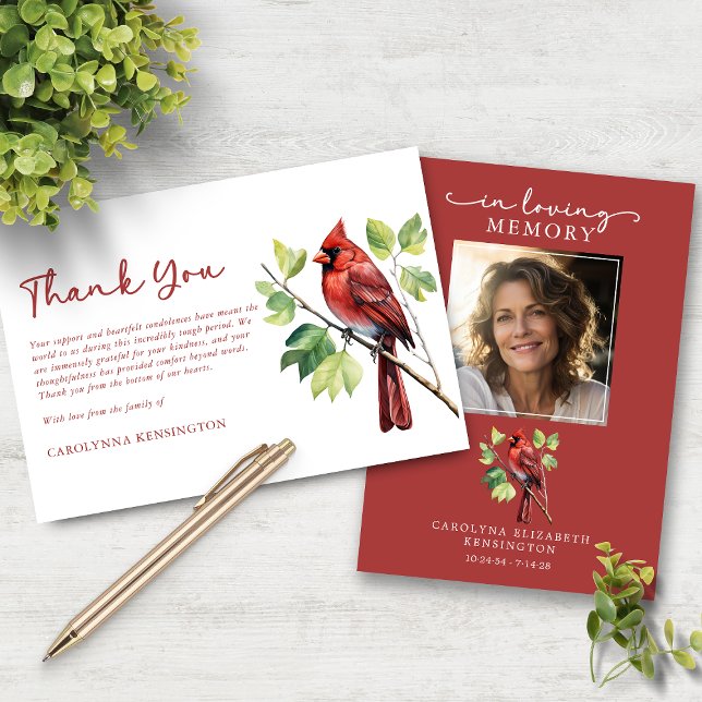 Cardinal Bird Funeral Memorial Photo Thank You (Cardinal Bird Funeral Memorial Photo Thank You Card)