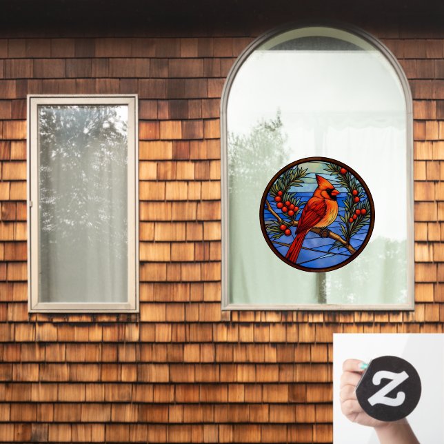 Cardinal Bird In The Berry Bush Faux Stained Glass (Home Window)