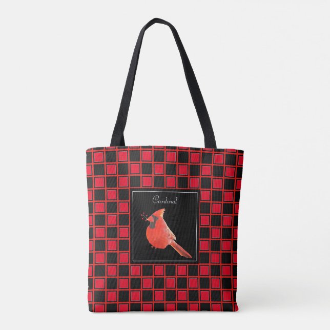 Cardinal bird on black red chequered pattern tote bag (Back)