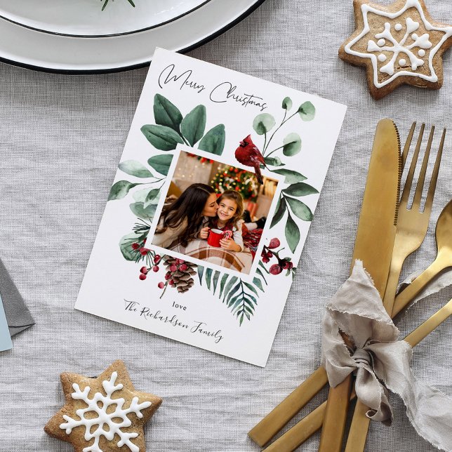 Cardinal Bird & Pine Merry Christmas Photo Card (Creator Uploaded)