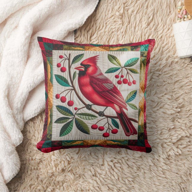 Cardinal Bird Quilt, Throw Pillow Vibrant Red Card (Blanket)