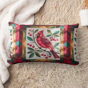 Cardinal Bird Quilt, Throw Pillow Vibrant Red Card