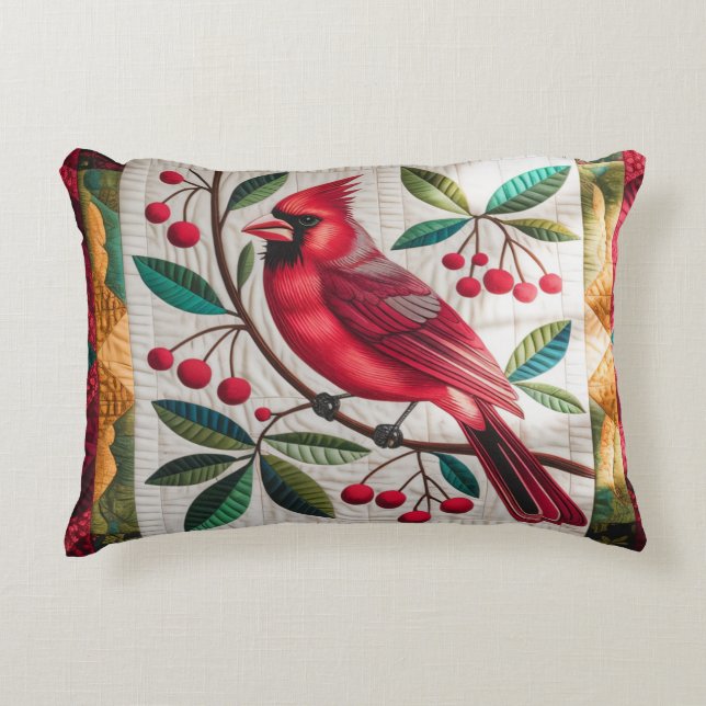 Cardinal Bird Quilt, Throw Pillow Vibrant Red Card (Front)