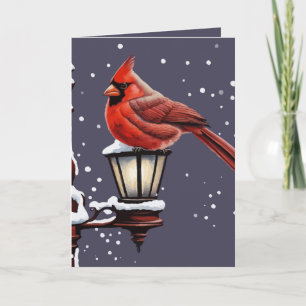 Cardinal Bird Sat On A Snow Covered Street Lantern Holiday Card
