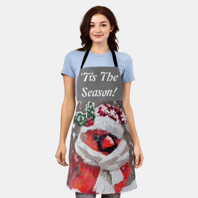 Cardinal Bird Scarf & Hat in Snow Christmas Apron (Worn)