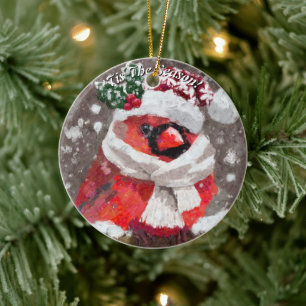 Cardinal Bird Scarf Hat Snow Christmas Seasonal Ceramic Tree Decoration