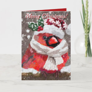 Cardinal Bird Scarf Hat Snow Holiday Card