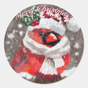 Cardinal Bird Scarf Hat Snow Holiday Classic Round Sticker