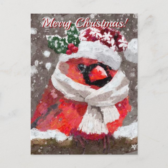 Cardinal Bird Scarf Hat Snow Holiday Postcard (Front)