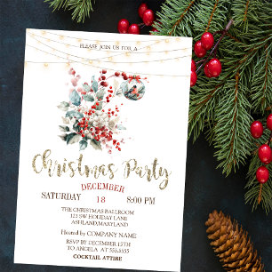 Cardinal Bird String Lights Green Christmas Party Invitation