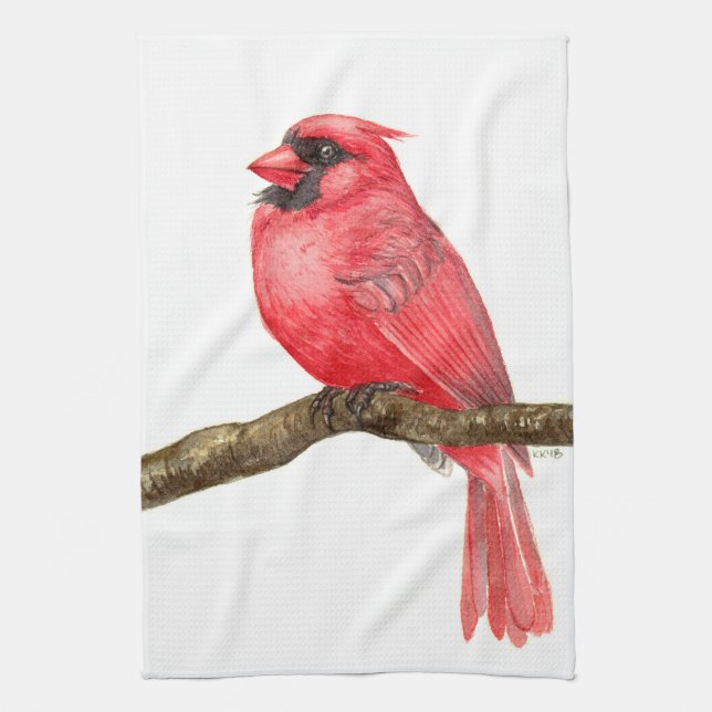 Cardinal bird watercolor tea towel (Vertical)