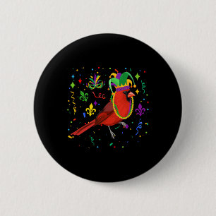Cardinal Bird Wearing Mardi Gras Beads Jester Hat  6 Cm Round Badge