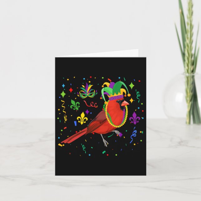 Cardinal Bird Wearing Mardi Gras Beads Jester Hat  Card (Front)