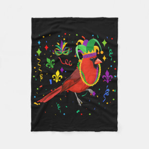 Cardinal Bird Wearing Mardi Gras Beads Jester Hat Fleece Blanket