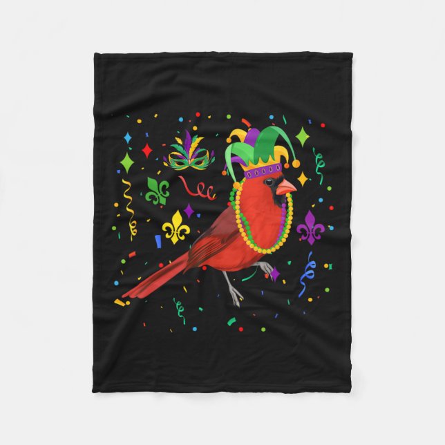 Cardinal Bird Wearing Mardi Gras Beads Jester Hat  Fleece Blanket (Front)