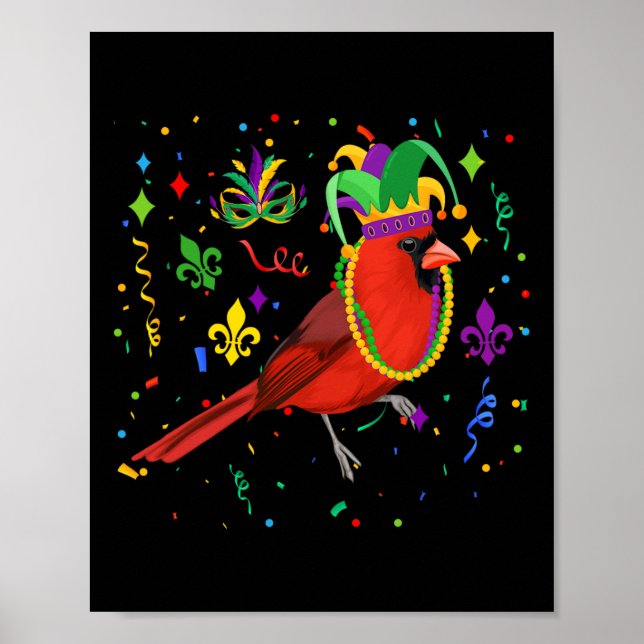 Cardinal Bird Wearing Mardi Gras Beads Jester Hat  Poster (Front)