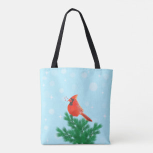 Cardinal bird & wild berries on light blue tote bag