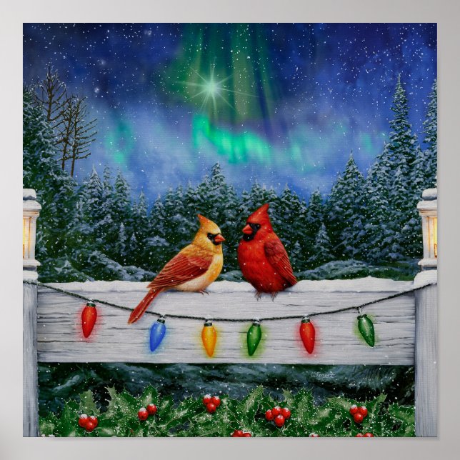 Cardinal Birds and Christmas Lights Poster (Front)
