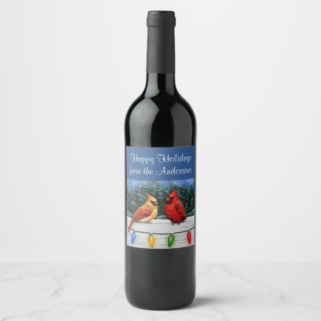 Cardinal Birds and Christmas Lights Wine Label (Front)