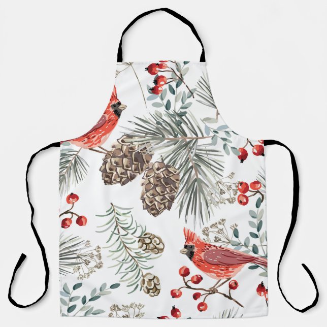 Cardinal Birds Christmas Vintage Pattern Apron (Front)
