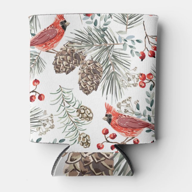 Cardinal Birds Christmas Vintage Pattern Can Cooler (Front)