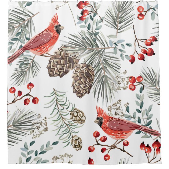 Cardinal Birds Christmas Vintage Pattern Shower Curtain (Front)