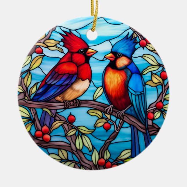 Cardinal birds stained glass style ceramic tree decoration (Front)