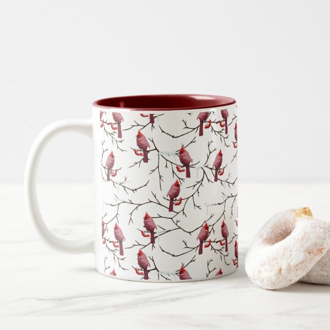 Cardinal Birds, Winter Cherries and Snow Pattern Two-Tone Coffee Mug (With Donut)