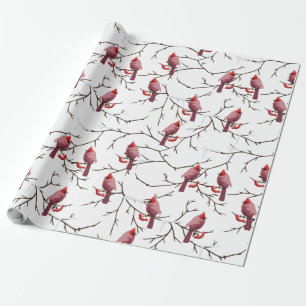 Cardinal Birds, Winter Cherries and Snow Pattern Wrapping Paper