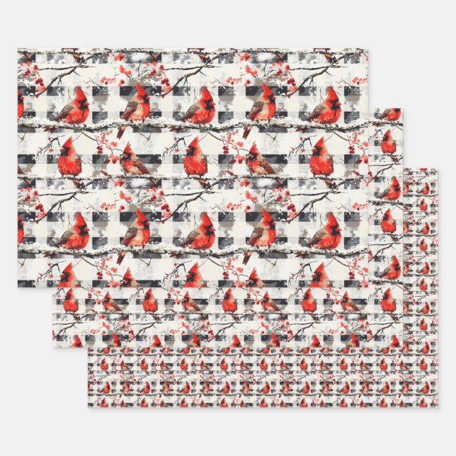 Cardinal Birds Winter Christmas Tartan Plaid 1 Wrapping Paper Sheet (Set)