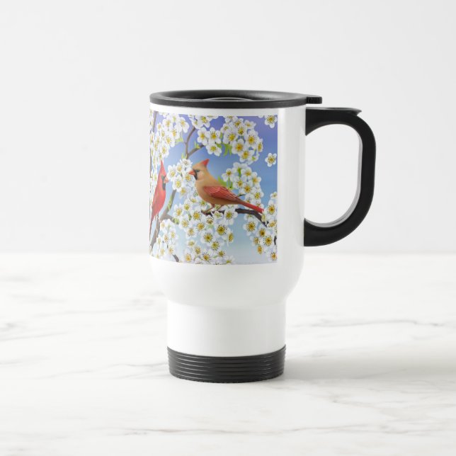 Cardinal Couple in Flowering Tree Travel Mug (Right)