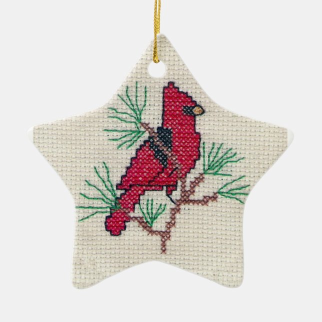 Cardinal Cross Stitch Ceramic Tree Decoration (Front)