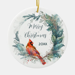 Cardinal Dated Holly Greenery Wreath Frame Ceramic Tree Decoration